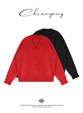 CHU楚妞[暖焰]爱马同源山羊绒拉绒V领针织衫2025冬季新款女毛衣