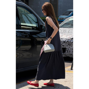 新款 CHU楚妞 背心连衣裙2026春夏季 棉麻缩褶U型领长款 女裙子 星澜