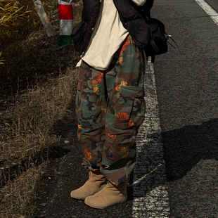裤 CHU楚妞纯棉迷彩印花休闲长裤 女直筒阔腿工装 新款 子潮 2026春季