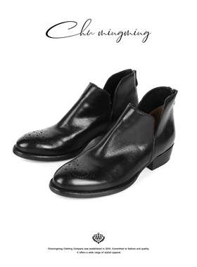 CHU楚妞植鞣牛皮低筒镂空靴子2025新款女式英伦风切尔西靴马丁靴