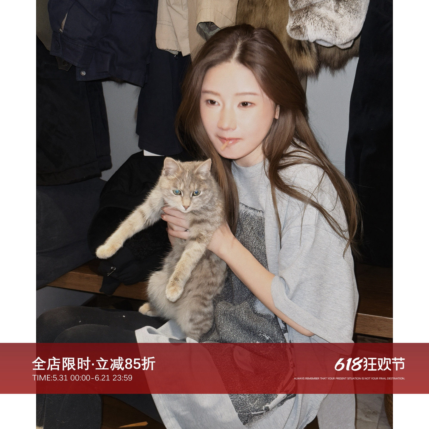 CHU楚妞[默像]棉精仿长版人像印花短袖T恤2026春季新款女百搭上衣