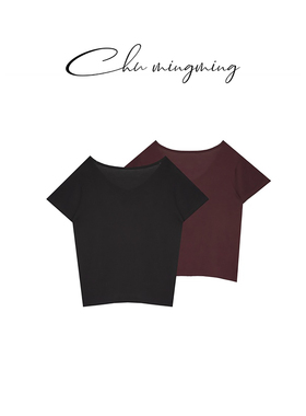 [CHU/2025SSNEW]原创设计[暮红]气质针织V领短袖上衣FF1157-1