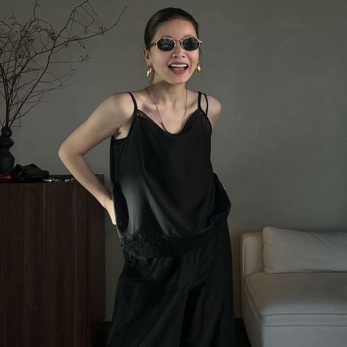 真桑蚕丝蕾丝花边法式吊带背心