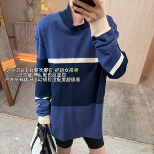 CHU楚妞[拼澜]纯棉撞色小翻领长袖T恤2026春季新款女休闲百搭上衣