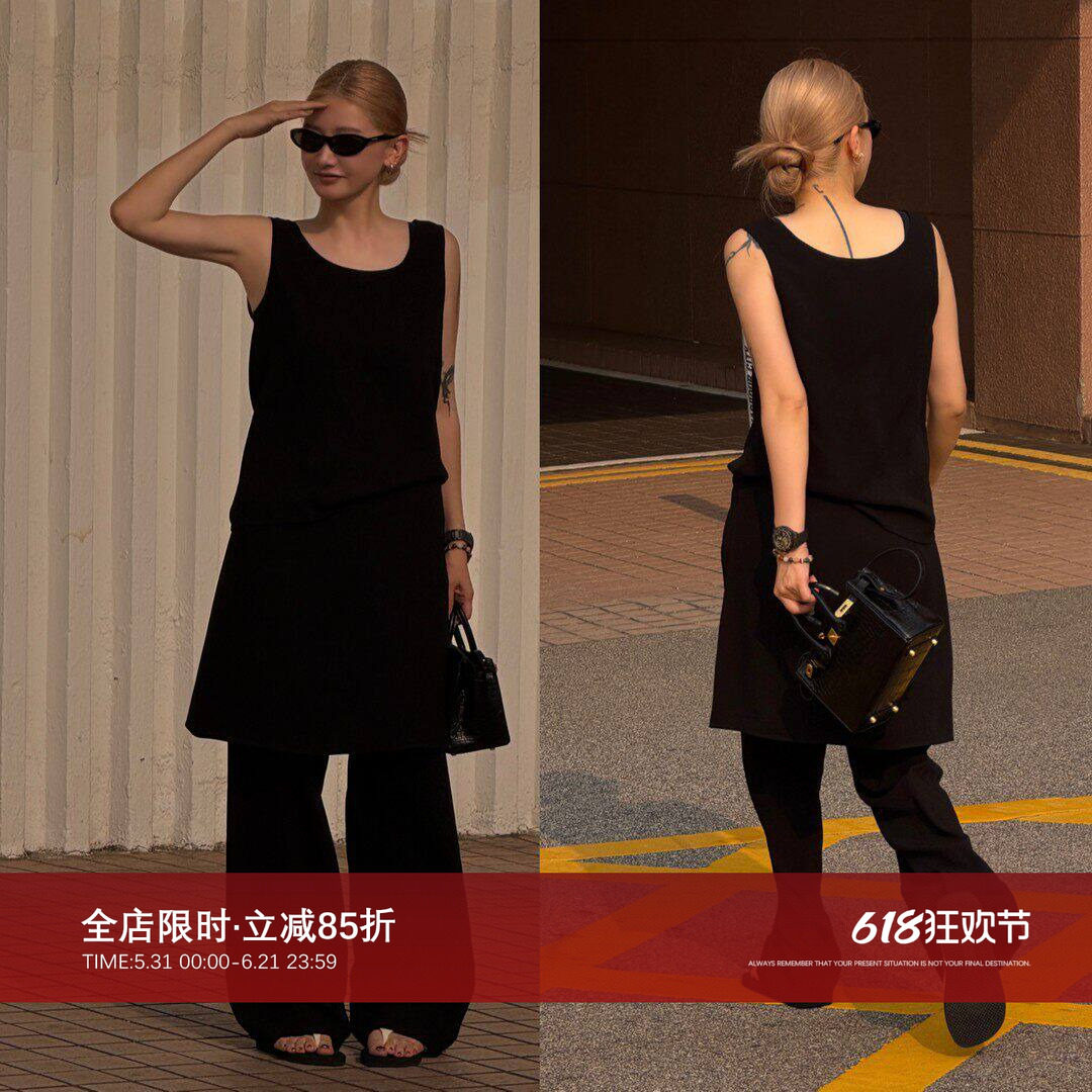 CHU楚妞【纸片人】黑色简约醋酸套装女2026新款夏季设计感两件套