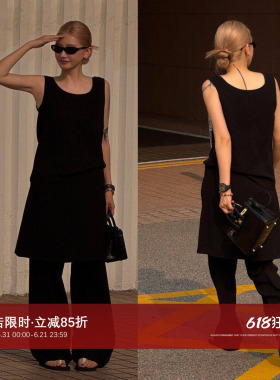 CHU楚妞【纸片人】黑色简约醋酸套装女2026新款夏季设计感两件套