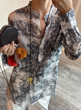 CHU楚妞[动卉]纯棉印花小立领衬衫2025秋季新款女休闲百搭衬衣