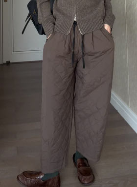 CHU楚妞[3M]菱格纹棉内里休闲长裤2025秋冬季新款女直筒阔腿裤子