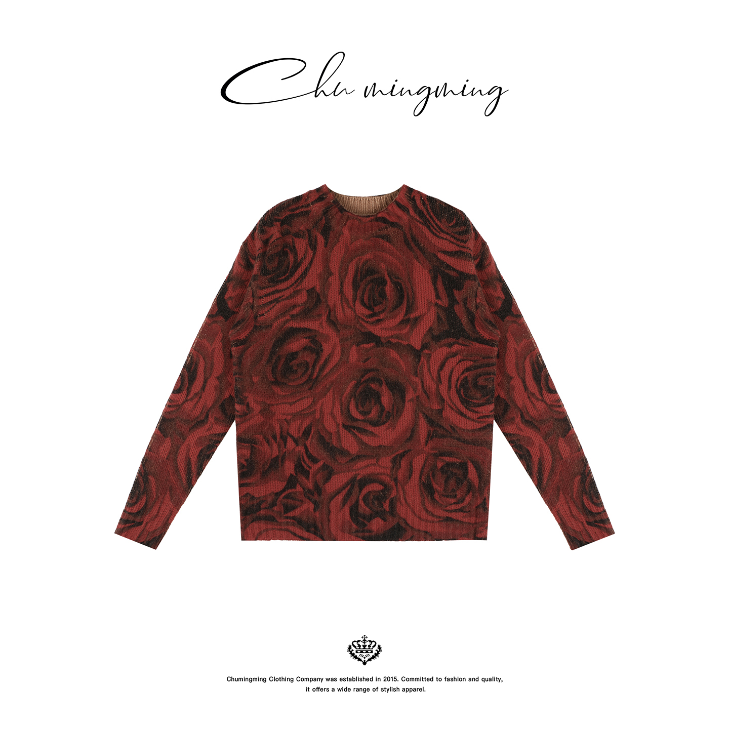 羊毛混纺玫瑰勾花圆领针织衫毛衣