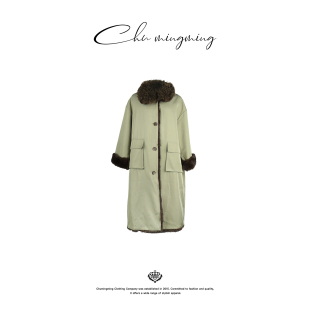 风衣2025秋冬新款 兔毛毛领双面穿长款 女派克服大衣 绿野 CHU楚妞