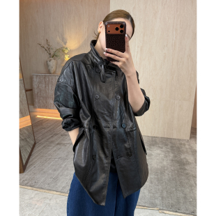 新款 油蜡绵羊皮双排扣皮衣2026春季 女复古夹克外套 酷墨 CHU楚妞