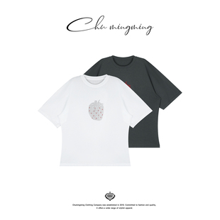 CHU楚妞[草莓T]涤棉混纺烫钻短袖T恤2026夏季新款女休闲宽松上衣