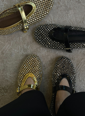 CHU楚妞牛皮贴钻休闲鞋女式夏季新款平底法式玛丽珍芭蕾单鞋