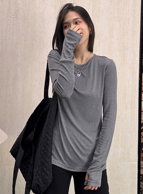 CHU楚妞[雾禅]真桑蚕丝圆领长袖T恤春季新款女极简修身打底