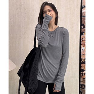 雾禅 女极简修身 真桑蚕丝圆领长袖 新款 打底 T恤春季 CHU楚妞
