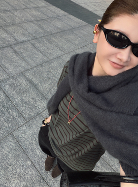 CHU楚妞[灵地]桑蚕丝羊毛条纹短袖T恤2026春夏季新款女百搭上衣