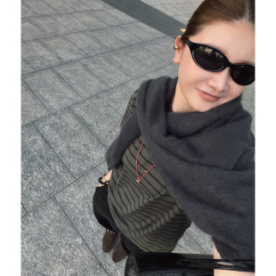 新款 CHU楚妞 T恤2026春夏季 桑蚕丝羊毛条纹短袖 女百搭上衣 灵地