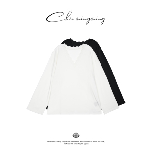 新款 CHU楚妞 T恤2026春季 蚕丝羊毛V领蕾丝长袖 女慵懒风上衣 蕾白