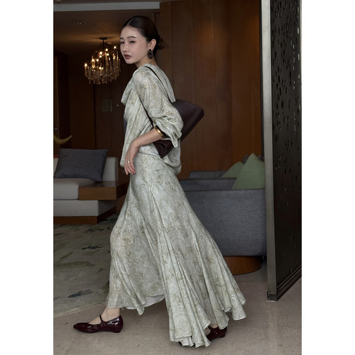 天丝亚麻印花上衣半裙套装两件套