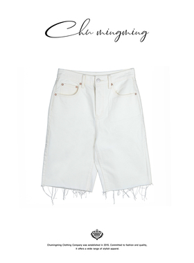 CHU楚妞[云裁]毛边牛仔中裤2025新款女简约直筒五分裤牛仔裤白色