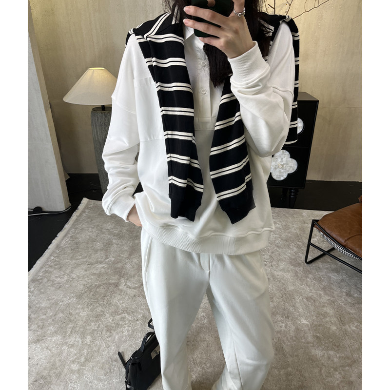 CHU楚妞[子帛]纯棉白色POLO衫套装春季女装新款女士卫衣卫裤套装