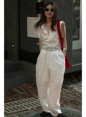 CHU楚妞[闲日]亚麻蕾丝拼接连体裤2026夏季新款女松弛感百搭裤子