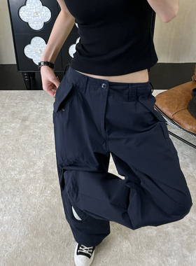 CHU楚妞[梦莱]纯棉双褶休闲裤春季新款女日系工装阔腿直筒裤