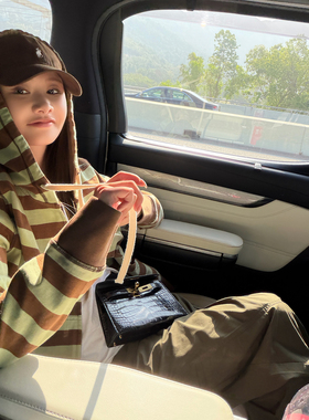 CHU楚妞[咖啡]纯棉豆绿条纹抽绳连帽卫衣2026春季新款女开衫外套