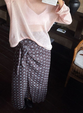 CHU楚妞【波洛】苎麻印花绑带半身裙女2026新款夏季女款休闲半裙
