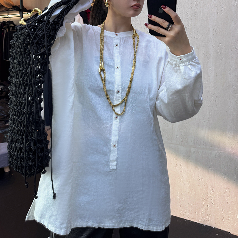 CHU楚妞[花舍]苎麻白色圆领长袖衬衫春季新款女法式简约上衣