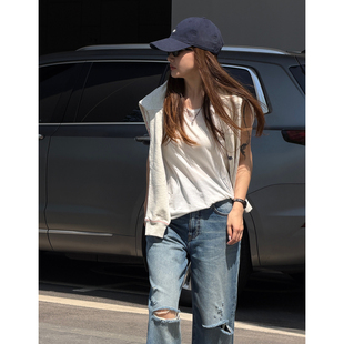 新款 洗水棉卷边中缝背心2026春夏季 女百搭透气上衣 野白 CHU楚妞