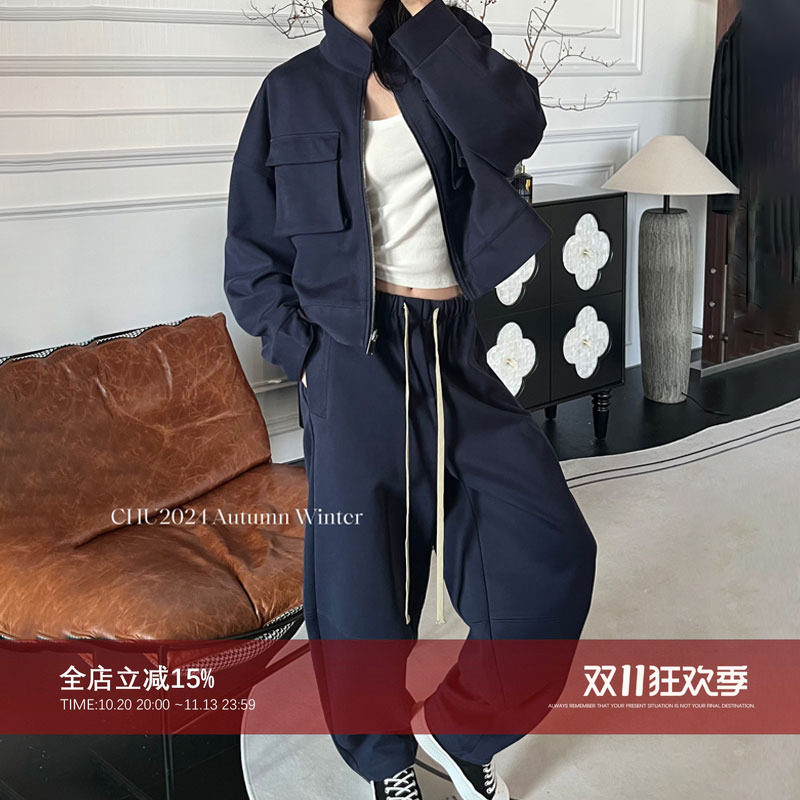 CHU楚妞休闲运动长裤女秋冬新品加厚抗皱松紧腰抽绳系带铅笔卫裤
