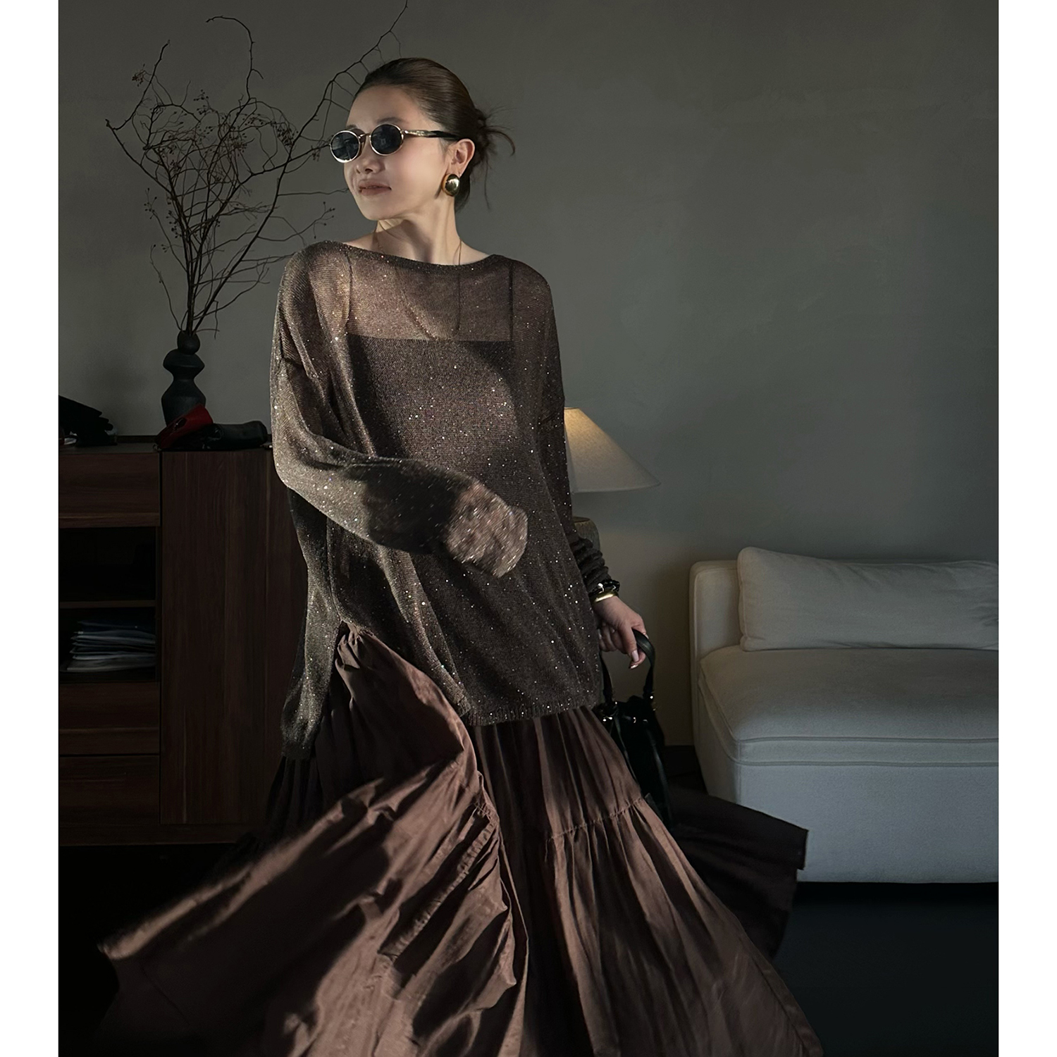 亞麻亮片圓領針織衫慵懶風罩衫