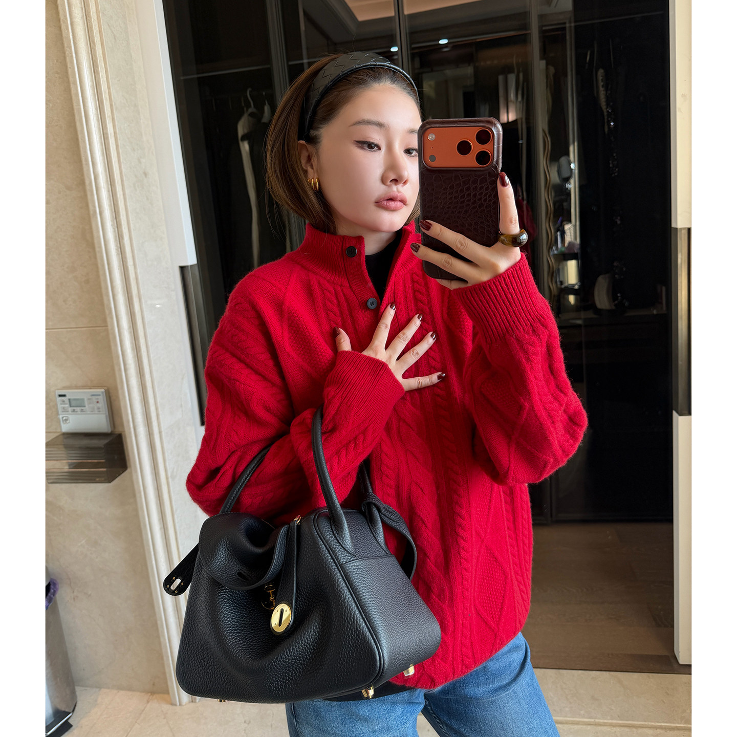 CHU楚妞[麻织]精纺羊毛麻花提花亨利领针织衫2025冬季新款女毛衣