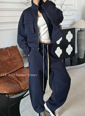 CHU楚妞休闲运动长裤女秋冬新品加厚抗皱松紧腰抽绳系带铅笔卫裤