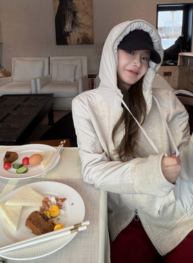 CHU楚妞[默调]桑蚕丝天丝磨毛抽绳连帽卫衣2025秋冬季新款女开衫