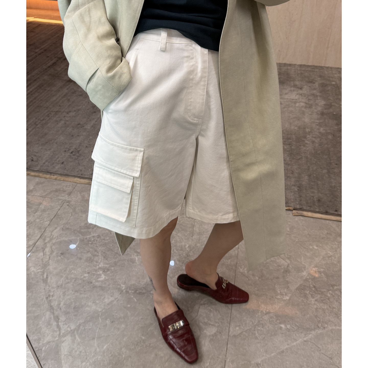 CHU楚妞[袋夏]纯棉白色口袋休闲五分短裤2026春季新款女牛仔裤子