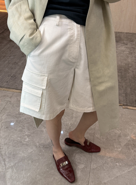 CHU楚妞[袋夏]纯棉白色口袋休闲五分短裤2026春季新款女牛仔裤子
