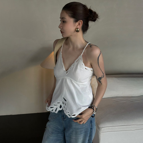 夏季新款纯棉镂空度假风吊带背心