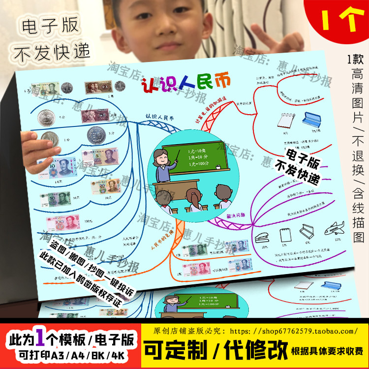一年级下册数学认识人民币思维导图购物手抄报线描涂色电子版小报,商务/设计服务,设计素材/源文件,淘宝优惠券,粉丝福利购,淘宝优惠卷