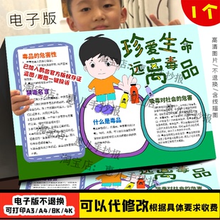 珍爱生命拒绝毒品国际禁毒日黑白线描涂色空白中小学生手抄报模板