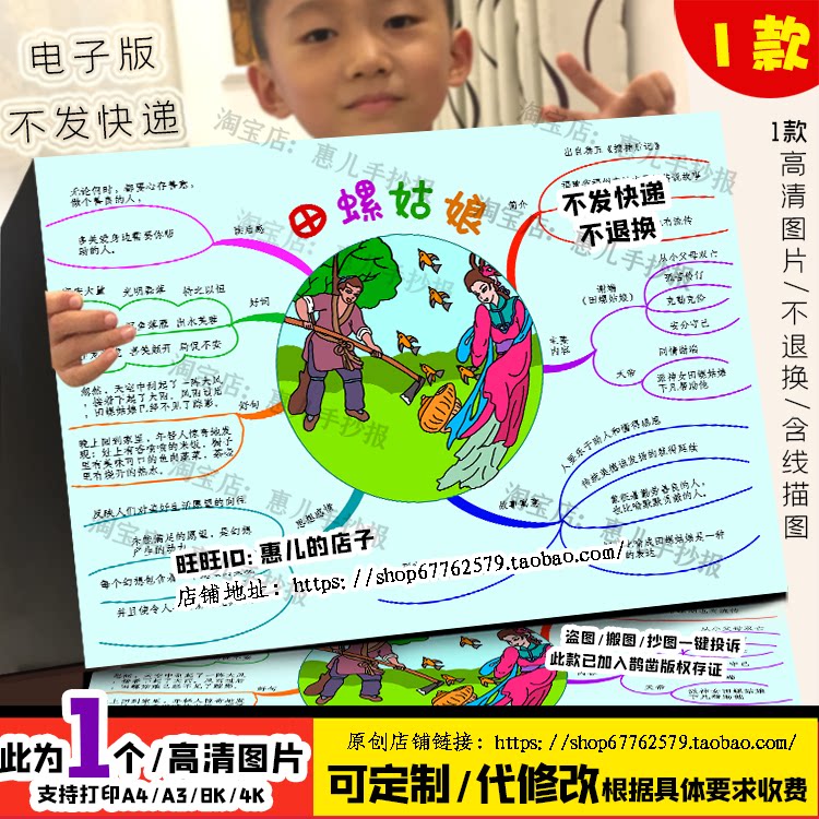 田螺姑娘思维导图手抄报中国民间神话故事传说读后感电子小报线稿