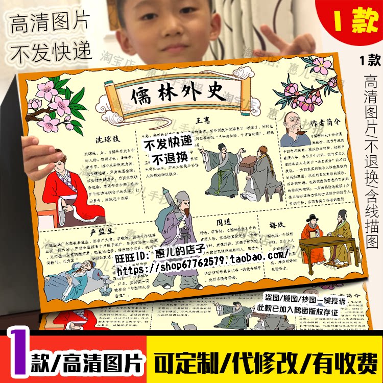 儒林外史人物手抄报初中读后感吴敬梓小说好书推荐电子小报线稿