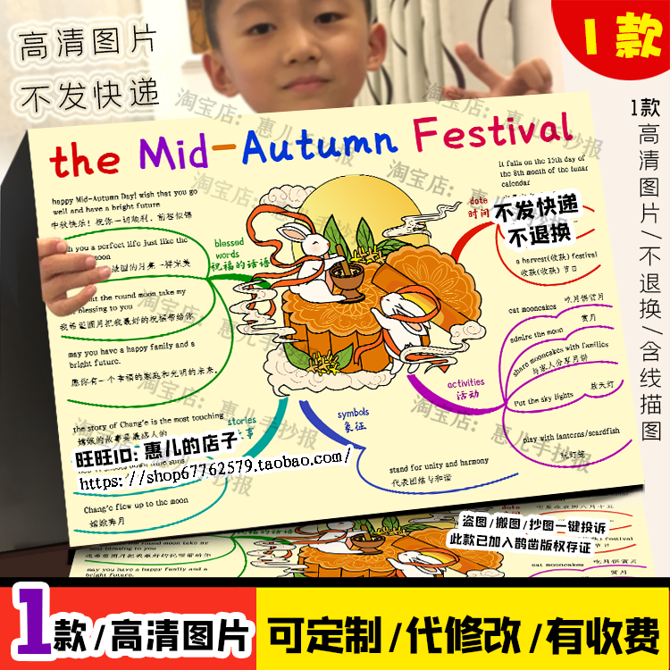 中秋节英语思维导图手抄报传统节日英文电子小报模版黑白线描图
