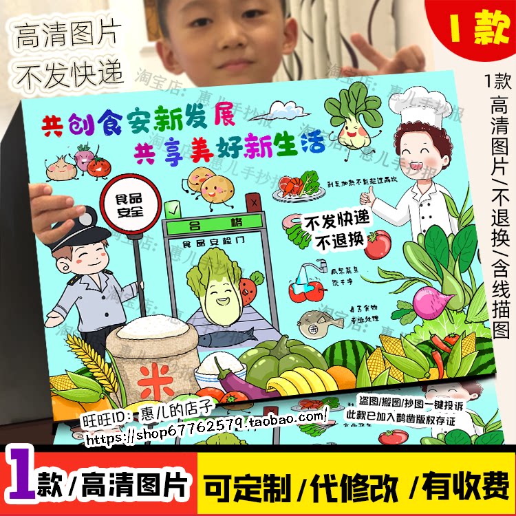 食品安全儿童画共创食品新发展共享美好新生活海报简笔画创意画