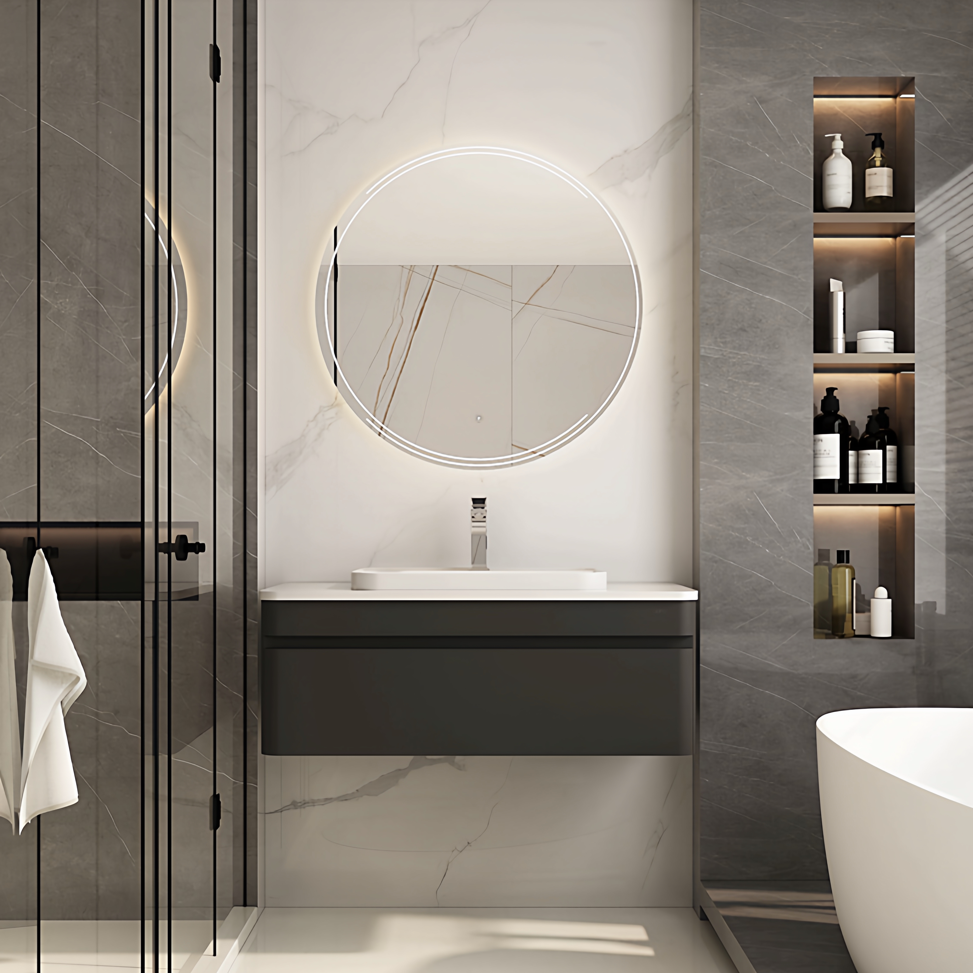 简约轻奢浴室柜组合岩板台上盆洗漱台橡木挂墙式现代洗手盆柜定制