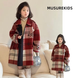 亲子款双面5羊绒+95羊毛纯手工大衣男女童红白格翻领中长外套