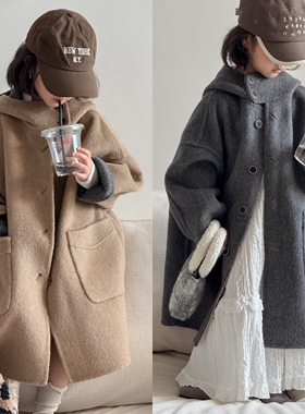 两面穿大衣灰驼色双面羊绒秋冬韩版男童女童亲子连帽中长阔型外套