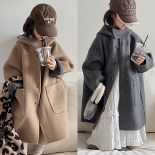 两面穿大衣灰驼色双面羊绒秋冬韩版男童女童亲子连帽中长阔型外套