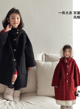 阔版亲子两面穿黑红色双面100%羊毛男童女童宽松毛呢中长新年外套